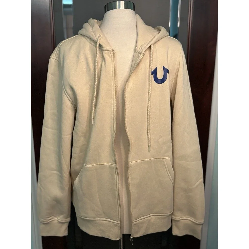 New True Religion Overlap Buddha Zip Hoodie Fog/Beige Color Size L Retail $119